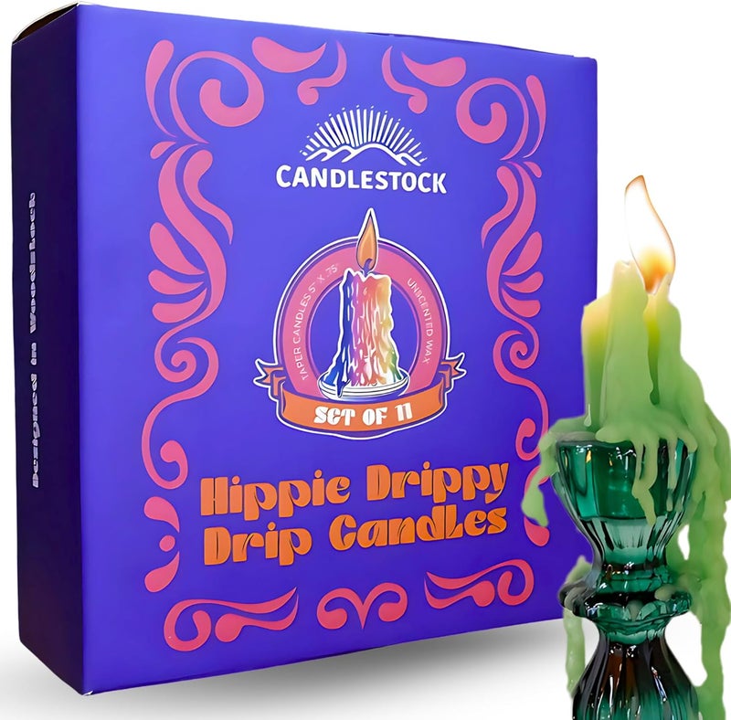Candlestock Hippie Drippy Drip Candles - Pack of 11 Dripping Taper Candles - Wine Bottle Melting Candles (Green) - Image 1